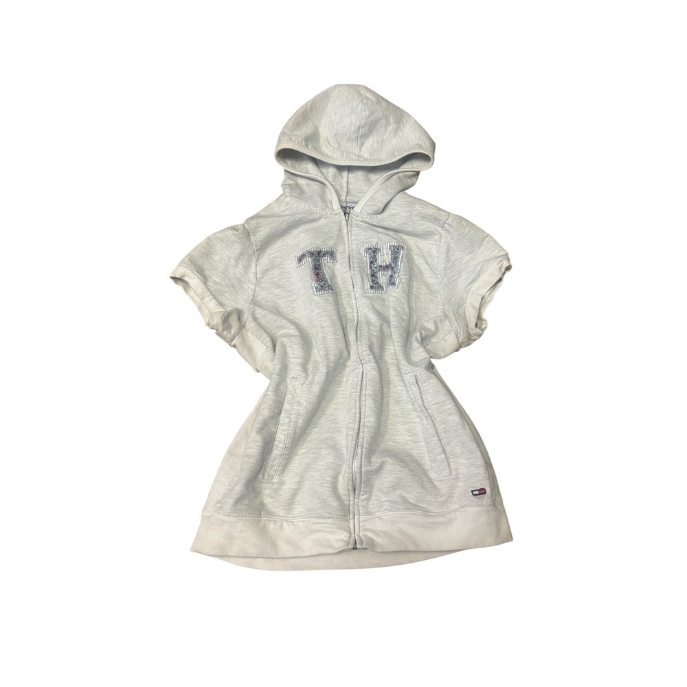 Tommy Jeans Women Light Gray Short Sleeve Zip Up Hoodie‎ TH Floral Logo Size M